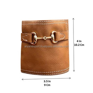 New Genuine Leather-Wrapped <b>Candle</b> <b>Holder</b> with <b>Gold</b> Horsebit Accent Rustic Decorative <b>Candle</b> Stand ROUY for Home & Office Decor - Product Image 2