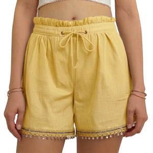 HYPEN SPORTS Short Bermuda Décontracté pour Femme, Coupe Droite, Taille Haute Élastique, Bordure en Dentelle Unie, Respirant, Lin/Coton - Product Image 3