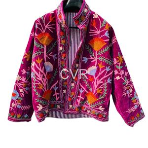 Manteau en velours pour femmes grandes tailles, broderie florale, col mandarin, manches longues, style bohème, vêtements d'extérieur pour l'automne - Product Image 2