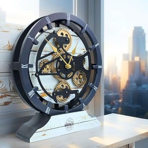 Horloge de bureau artisanale en bois d'acajou avec engrenages en laiton - Horloge steampunk en gros - Product Image 3