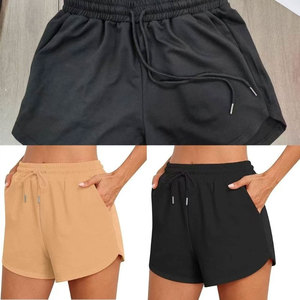 Shorts taille haute pour femmes avec cordon de serrage, couleur unie, en coton tricoté, décontractés, coupe régulière, avec poches, style vintage, respirants, noir, beige - Product Image 1
