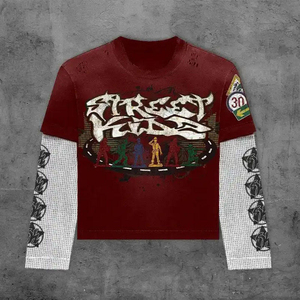 T-shirt vintage pour homme à manches longues double couche, délavé à l'acide, effet vieilli, avec logo personnalisé sérigraphié, en coton coupe ample - Product Image 2