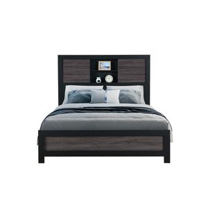 Letto matrimoniale SOLUTO imbottito con libreria grigia e nera, elegante set di mobili - Product Image 1
