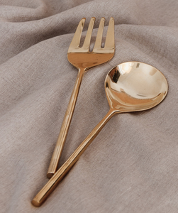 Ensemble de cuillères à salade en acier inoxydable et laiton avec poignée design feuille, ustensiles de service en laiton à prix avantageux - Product Image 2