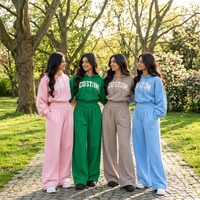 Setelan Hoodie Oversize Wanita Warna Biru Langit dengan Celana Kaki Lebar, Pakaian Santai Fleece, Set Cetak Puff Kustom, Produsen