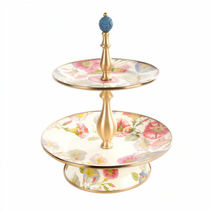 Modern Creative Art Unique Fancy Flowers Designer Enamel Finished 2 <b>Tier</b> Heavy Duty Metal Serving And Decorative <b>Cake</b> Stands - Product Image 1