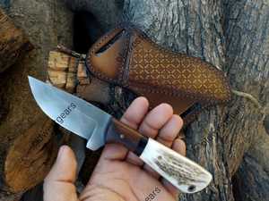 Cuchillo utilitario de acero de Damasco con hoja de punta curva, mango de madera, funda de cuero, 6.7 pulgadas de longitud total, grado DIY, punta afilada - Product Image 4