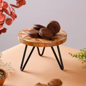 Support à gâteau rond en bois écologique, présentoir à dessert avec pieds en métal, personnalisable, support de table rustique pour la décoration de mariage et de fête - Product Image 6