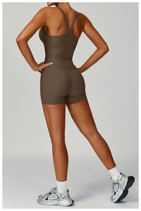 ชุดโยคะแบบสองชิ้น เสื้อกล้ามรัดรูปเอวสูง กางเกงขาสั้น ผ้าริบเนื้อแน่น ป้องกันรอยยับ สำหรับวิ่งออกกำลังกาย พร้อมโลโก้แบบกำหนดเอง สำหรับผู้หญิง - Product Image 5