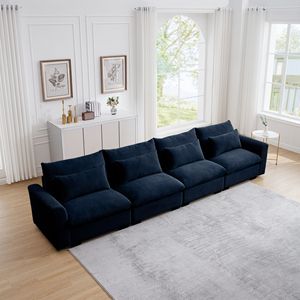 Cómodo sofá de asiento profundo de pana azul de 4 plazas para sala de estar moderna con 4 almohadas de cintura cómodos sofás - Product Image 3