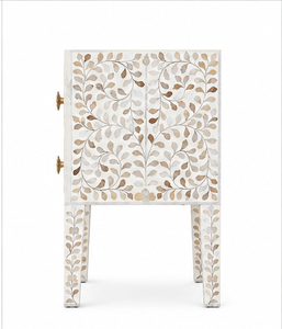 Mesita de Noche de Lujo Blanca con Incrustaciones Florales de Hueso, Cajones de Almacenamiento de Madera, de Dos Niveles, Tipo Rectangular, Decoración para Dormitorio - Product Image 2