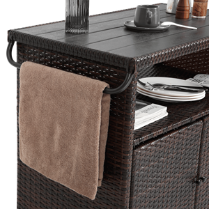 Brun clair Extérieur Osier Bar Chariot Roues Roulant Rotin Boissons Bar Comptoir Table En Verre Patio Vin Service Chariot pour - Product Image 6