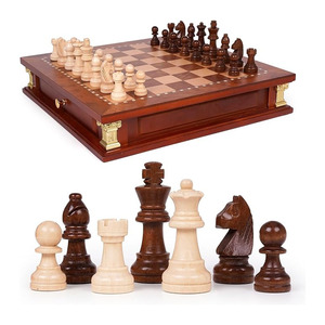Handcrafted <b>Wooden</b> <b>Chess</b> <b>Set</b> Features A Built-In Storage Drawer Elegant Carved Pieces & Decorative Corner Accents for Family Fun - Product Image 1