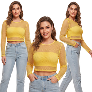 Top corto de malla amarillo para mujer, manga larga, cuello redondo, tejido transparente, top corto transpirable, estilo sexy para discoteca - Product Image 6