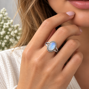 Rainbow Moonstone Blue Fire Silver <b>Ring</b> Western <b>Boho</b> Statement Gemstone Jewelry Fashion <b>Ring</b> for Women Wholesale - Product Image 4
