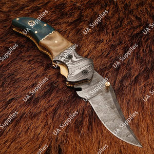 Navaja de Bolsillo Plegable de Damasco Forjada a Mano Personalizada, Hoja Afilada como una Cuchilla, Funda de Cuero Micarta, Bloqueo Liner Lock, Táctica, EDC, Supervivencia, OEM - Product Image 4