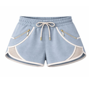 Shorts de sport taille haute bleu clair pour femme avec poches zippées, cordon de serrage, tricoté, respirant, coupe décontractée - Product Image 6
