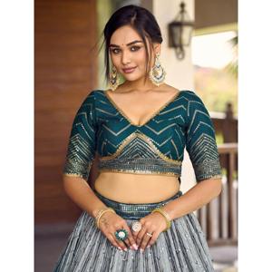 Chinon Sangeet Wear Robe de soirée Impressionnant bleu sarcelle Paillettes Lehenga Choli avec Dupatta - Product Image 3