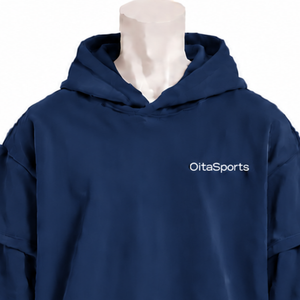 Navy Blue Double Layer <b>Hoodie</b> Oversized <b>Short</b> <b>Sleeve</b> Overlay Long <b>Sleeve</b> Pullover Vintage Streetwear Casual Hooded Sweatshirt - Product Image 3