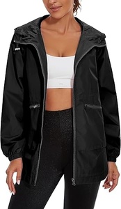 Chaqueta Cortavientos con Capucha para Mujer, Manga Larga, Cierre de Cremallera, Impermeable, Informal, Color Negro Sólido, Largo Regular - Product Image 2