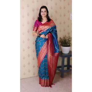 ผ้าไหมบานาราซีสีน้ำเงิน ลายซิกแซก ปักดิ้นมีนาการี ผ้าทอซารี ชุดอินเดียและปากีสถาน ผ้าทอระดับพรีเมียม 650 กรัม - Product Image 6