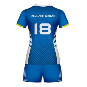 Blue Diagonal Line Volleyball Uniform V-Neck Jersey <b>Shorts</b> Set White And Yellow Trim Custom Number Team Apparel Kit - Product Image 2