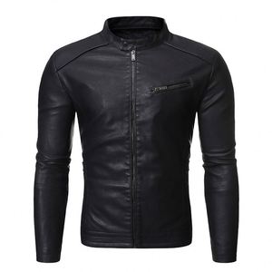 Blouson moto en cuir marron pour homme, col montant, fermeture éclair, coupe ajustée, doublure en fausse fourrure, idéal pour l'automne - Product Image 5