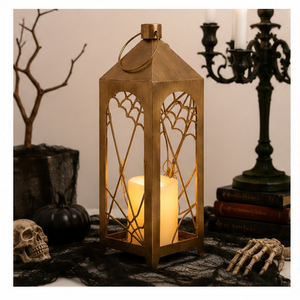 High Quality Gold Metal Decorative <b>Lantern</b> with Spiderweb Design Vintage Hanging Pillar Candle Holder for Halloween & Home Decor - Product Image 6