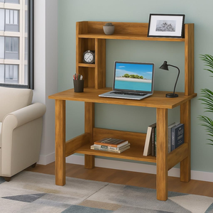 Bureau d'étude moderne en bois avec huche et rangement inférieur, poste de travail pour ordinateur portable, table d'écriture pour bureau à domicile ou étudiant - Product Image 1