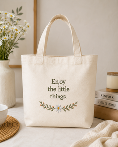 Bolsa de Lona Bordada con Diseño Floral 'Enjoy the Little Things', Estilo Asa Corta Beige, para Compras y Viajes - Product Image 1