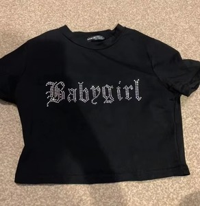 White Women's Crop <b>Top</b> T-Shirt Crew Neck Short Sleeve <b>Rhinestone</b> Letter "Babysgirl" Slim Fit Casual Spring Summer Jersey Cotton - Product Image 3