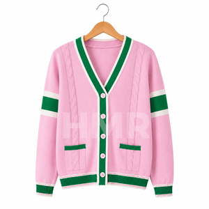 Cardigan en tricot contrastant rose et vert pour femmes de la sororité HMR, vêtements d'université et de collège, pulls chauds - Product Image 5