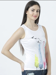 Débardeur blanc sans manches pour femmes, avec imprimé d'arbres et d'oiseaux colorés, col rond, haut décontracté en coton tricoté - Product Image 1