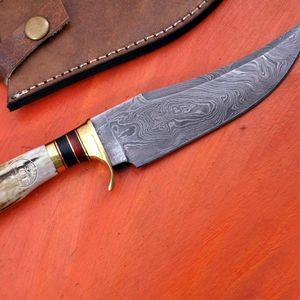 มีดครัวเหล็กดามัสกัสทำมือ ใบมีดแบบ Fixed Blade ด้ามไม้ พร้อมปลอกหนังสำหรับพกพาในชีวิตประจำวัน DIY - Product Image 1