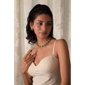 Traditional Indian Bridal Choker Necklace <b>Set</b> With Green <b>Crystal</b> Stones Crafted In Brass And Copper Alloy - Product Image 2