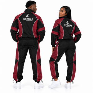 Conjunto Deportivo Unisex en Negro y Rojo con Bloques de Color, Sudadera con Cremallera y Capucha, Manga Larga, Secado Rápido, Ropa Deportiva para Hombre y Mujer para Otoño - Product Image 4