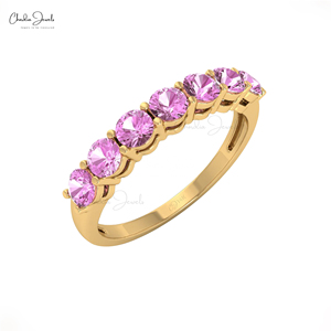 Nuevo Anillo de Media Eternidad con Zafiro Rosa Natural de Corte Redondo de 2 mm en Oro Amarillo Sólido de 14k, Anillo de Piedra de Nacimiento de Septiembre - Product Image 4