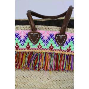 Moroccan Eco-Friendly Seagrass <b>Basket</b> Embroidered with Colorful Fringes BiyadinaStore's Mountain Bag - Product Image 3