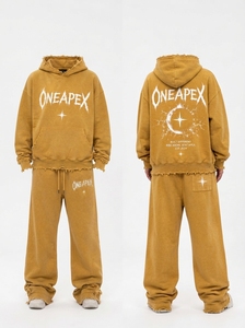 Men's 2 Piece Mustard Yellow Washed Hoodie <b>Sweatpants</b> Set Oversized Distressed Graphic Pullover Tracksuit Streetwear - Product Image 3
