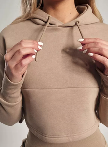 Womens Tan Cropped <b>Hoodie</b> And Matching Joggers Set Premium Heavyweight Fleece Pullover Loungewear Two Piece Outfit - Product Image 4