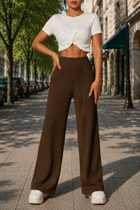 <span class=keywords><strong>Pantaloni</strong></span> Larghi da Donna <span class=keywords><strong>a</strong></span> Vita Alta Elasticizzata, in Tessuto <span class=keywords><strong>a</strong></span> Costine, Marrone, Vestibilità Ampia, Lunghezza Intera, Casual, Estivi, Streetwear - Product Image 3