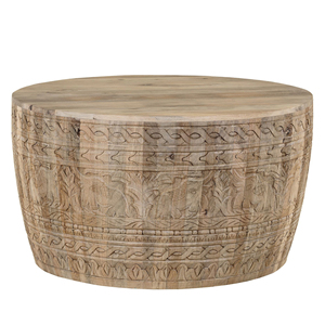 Modern <b>Rustic</b> Interior Hand Carved Botanical & Geometric Design Solid Mango Wood In Natural Wood Finish Living Room <b>Coffee</b> <b>Table</b> - Product Image 5