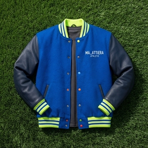 MA_ATTIERA เสื้อแจ็คเก็ตสีน้ำเงินสำหรับผู้ชายพร้อมแขนเสื้อหนังและขอบเสื้อแบบนีออนสำหรับใส่ลำลองในฤดูใบไม้ร่วง - Product Image 5