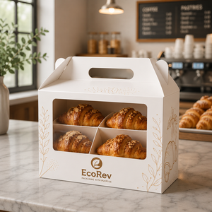 EcoRev Ivory Board Self Erecting <b>Box</b> With Handle Gold Foil Design For Pastries Croissant Packaging Rectangle Paperboard <b>Box</b> - Product Image 1