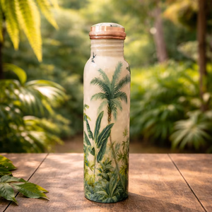 Botella de Agua Metálica con Diseño de Palmeras Tropicales y Tapa de Cobre, Portátil, para Bebidas al Aire Libre, Diseño Bohemio - Product Image 1