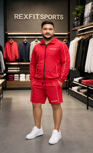 Red Acid Wash Nylon Tracksuit Set Full Zip <b>Jacket</b> & Drawstring Shorts Lightweight Breathable Sports Activewear - Product Image 2