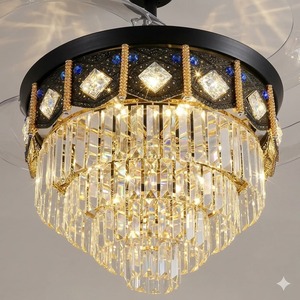 Ventilateur de plafond moderne à pales rétractables avec lustre en cristal de luxe et luminaire suspendu LED doré pour salon et chambre à coucher - Product Image 3