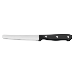 Cuchillo multiusos serrado de 4.5 pulgadas con hoja de acero inoxidable y mango negro con triple remache para pan, frutas, sándwiches y uso en cocina - Product Image 1
