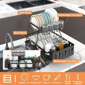 Escurridor de Platos Desmontable de 2 Niveles con Organizador, Soporte Giratorio para Utensilios y Bandeja de Drenaje para una Secado Eficiente - Product Image 4