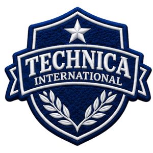Écusson brodé bleu marine Technica International avec étoile et couronne de lauriers pour vestes, sacs, uniformes et vêtements - Product Image 1